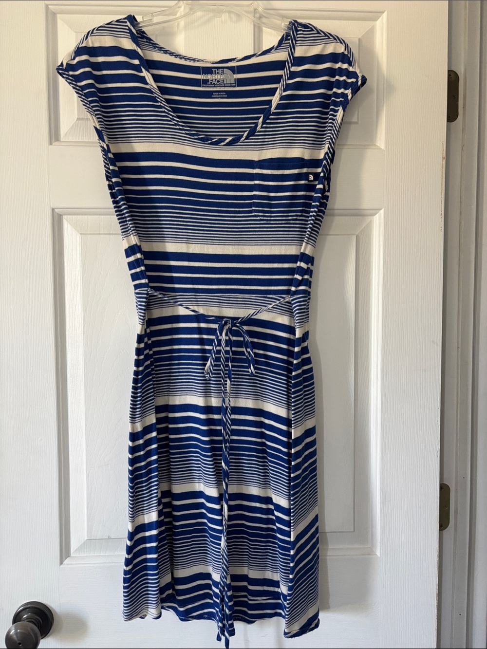 The North Face Women's Blue and White Striped Tie-Waist Midi Dress